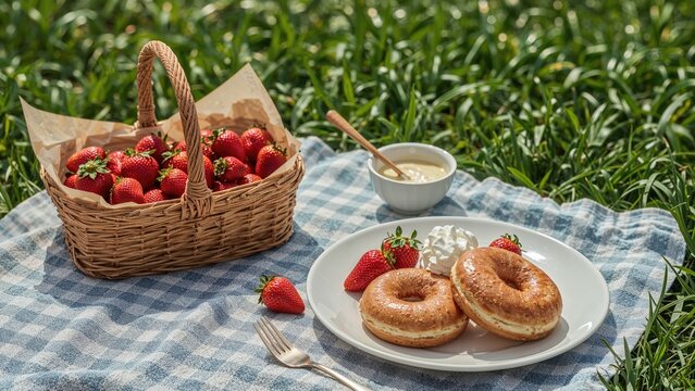 Basket of strawberries on checkered cloth with two bagels, a bowl of cream, and a spoon, set outdoors among green grass.