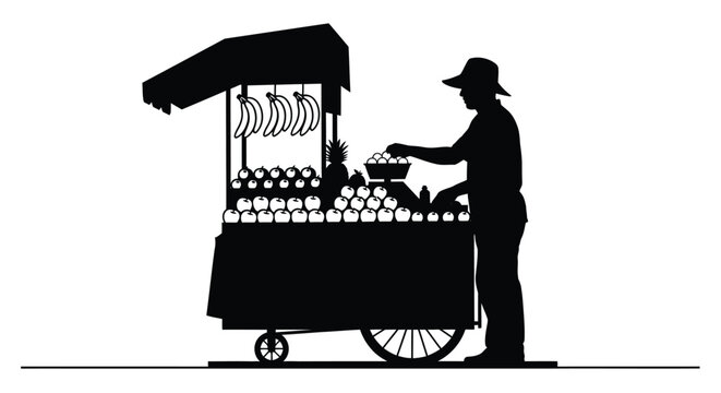 Fruit vendor cart with produce bananas apples