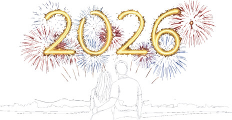 Couple watching fireworks display celebrating the new year 2026 together outdoors