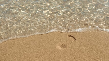 Footprints on sandy beach with gentle waves touching the shore. Sunset or daytime scene with calm water and clear sand.