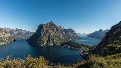 Fototapeta premium Scenic mountain landscape with lake and surrounding peaks, tranquil environment, and natural beauty.