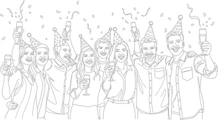 Group of friends celebrating with champagne wearing party hats line art style