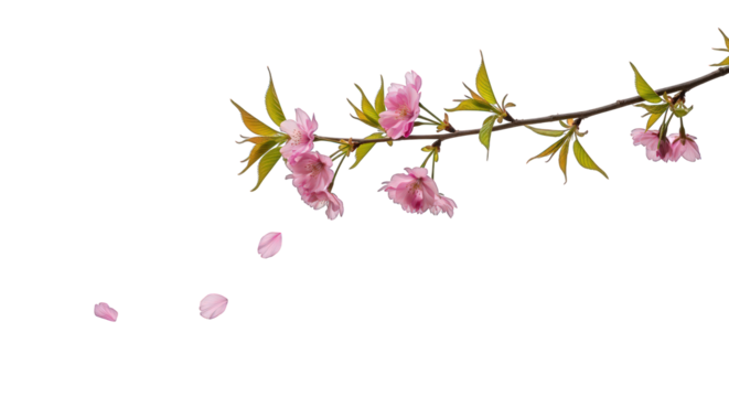 Cherry blossom branch, with delicate pink petals falling, isolated on a transparent background