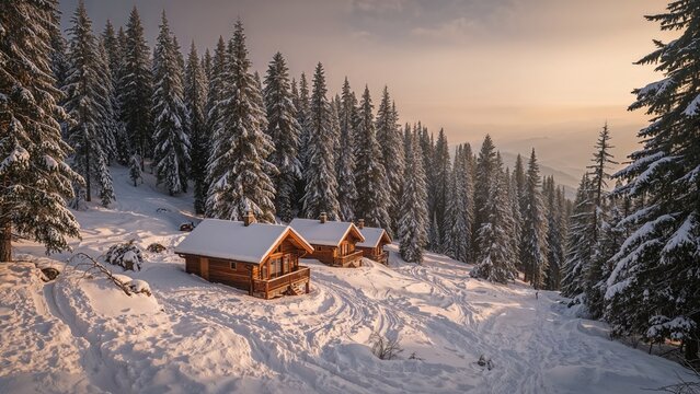 Snow-covered forest with wooden cabins in the mountains during winter. Forest landscape scene with snow and trees. Cozy mountain retreat in a snowy forest setting.