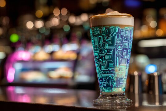 A glowing neon latte with circuit board patterns in the foam.