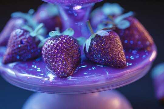 A holographic fruit display with a glowing purple chocolate fountain.