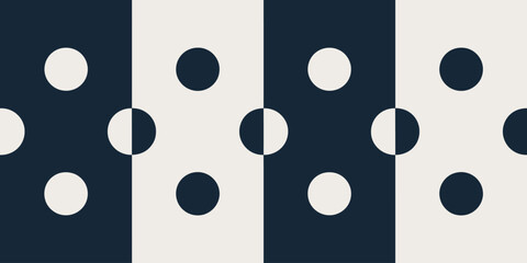 A repeating pattern of white and dark blue panels with circles in a symmetrical arrangement