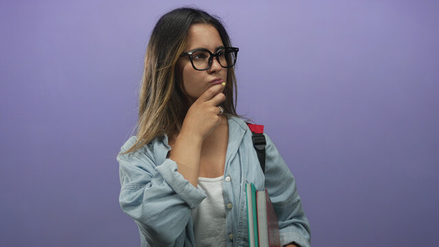 Woman wearing glasses and denim shirt holding notebooks with backpack strap and hand on chin in purple studio; thinking study preparation.