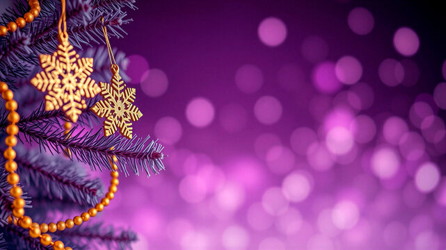 Bright purple Christmas background with a blue tree and snowflakes, horizontal banner, free space for text and copy