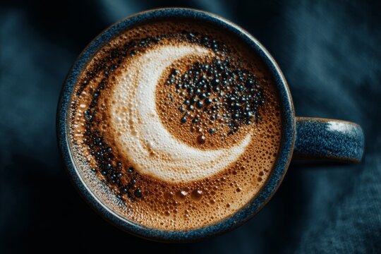 A dark blue cup with minimalist crescent moon latte art.