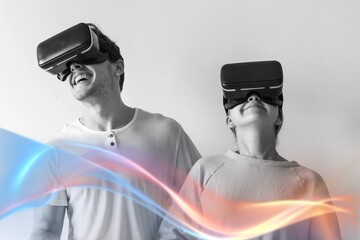 White couple experiencing virtual reality with VR headset