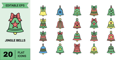Collection of twenty flat icons featuring colorful jingle bells, perfect for adding a festive touch to your holiday designs and projects