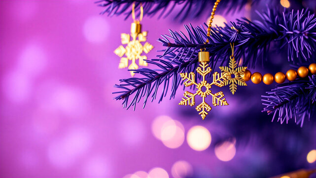 Winter Bright purple Christmas background with a blue tree and toys, horizontal banner, free space for text and copy