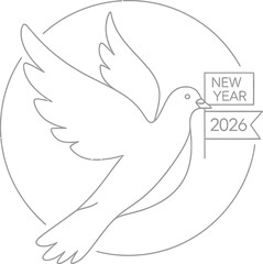 Dove carrying a new year 2026 banner in a minimalist line art illustration