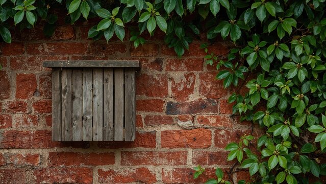 A wooden mailbox mounted on a red brick wall with green foliage growing beside it. - Powered by Adobe