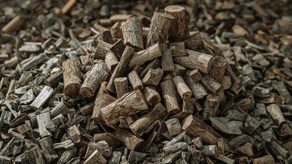 Pile of chopped firewood and logs with a woodpile background. Firewood, logs, and chopped wood for heating or burning. The concept of firewood preparation and wood storage.