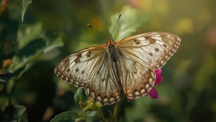 Obraz premium A butterfly perched on a pink flower with green foliage background.