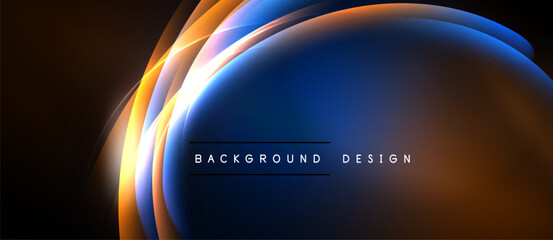 Abstract flowing light shapes create dynamic background. Blue, orange hues blend, forming elegant visual effect. Minimal text present.