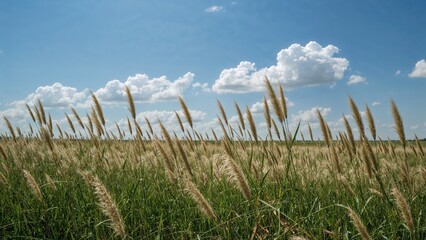A field of tall grass under a blue sky with scattered clouds.