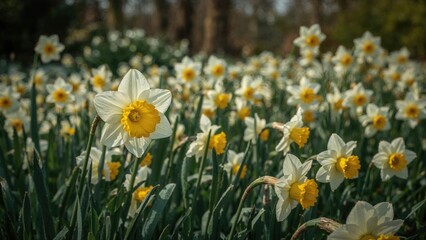 Obraz premium Field of daffodils with white petals and yellow centers in a natural outdoor setting. Spring flowers in bloom. Bright and colorful floral scene.