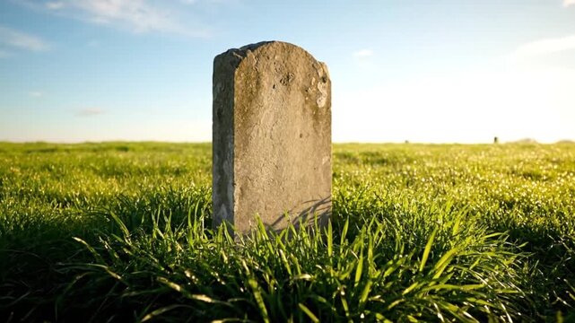 An old weathered gravestone stands alone in a sunlit green field under a clear blue sky
