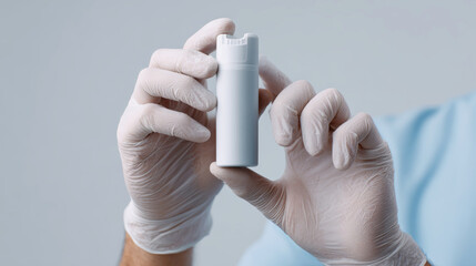 Professional hands in medical gloves presenting a generic white spray bottle for medication or sanitizer