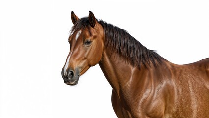 Fototapeta premium A brown horse with a flowing mane, head slightly turned, isolated on a white background.
