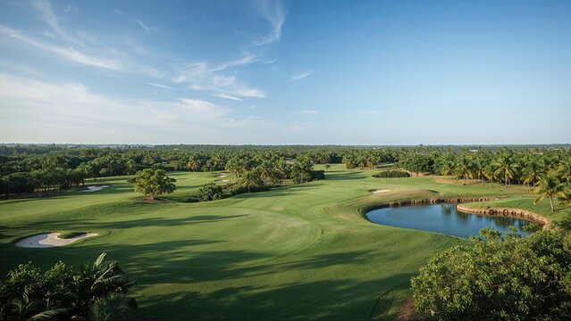 A scenic view of a golf course with lush green fairways, water hazards, and trees under a bright blue sky. - Powered by Adobe