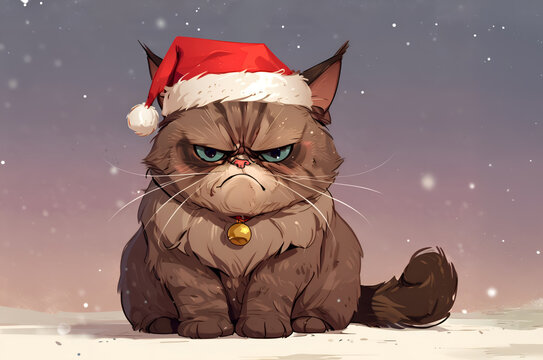Gato enojado con gorro de navidad 