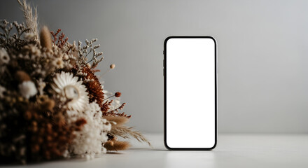 Elegant mobile phone mockup with blank screen and dried flower bouquet ready for your app or website design for a chic modern aesthetic product launch