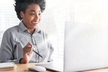 Woman having an online class meeting through e-learning system