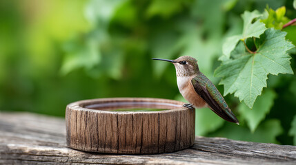 Obraz premium Hummingbird with iridescent green feathers perching on a wooden bird bath, stopping for water against a blurred green background