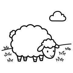 Cute cartoon black and white outline drawing of a fluffy sheep or lamb standing in a field with grass and a cloud