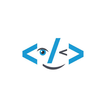 Logo coding logo design for software development company with happy face and html symbol vector illustration