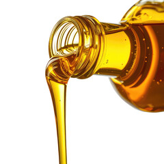 Oil pouring from bottle, golden liquid flowing downwards