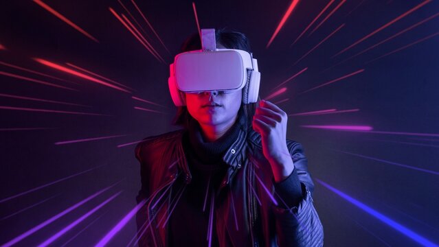Woman experiencing VR headset remix