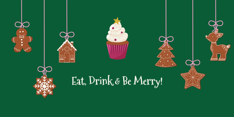 Festive horizontal card with assorted gingerbread cookies suspended on pink ribbons against deep green background. Christmas design with snowflake, house, reindeer, star, tree and central message area