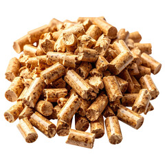 Pile of light brown, cylindrical wood pellets, some dark spots visible
