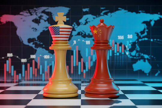 Usa versus china trade war concept with chess pieces featuring the american flag and chinese flag on a chessboard with a world map and stock market data in the background showing economic tension