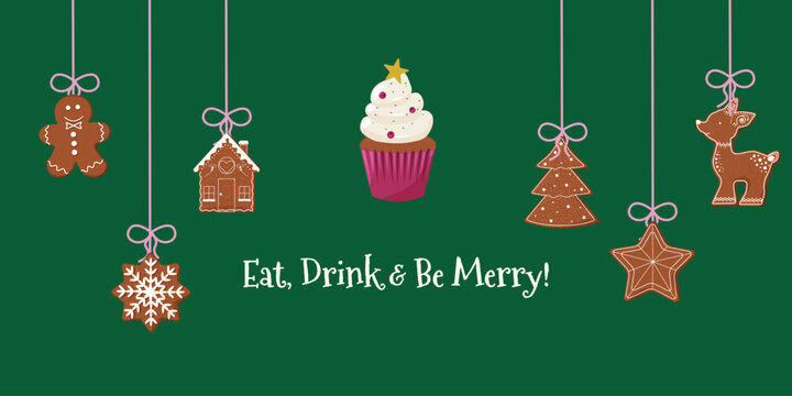 Festive horizontal card with assorted gingerbread cookies suspended on pink ribbons against deep green background. Christmas design with snowflake, house, reindeer, star, tree and central message area