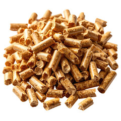 Pile of cylindrical wood pellets; tan-colored, rustic texture