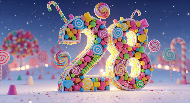 Magical 28th Birthday: Whimsical Candy Numbers Adorned with Lollipops, Sweets, and Sparkles