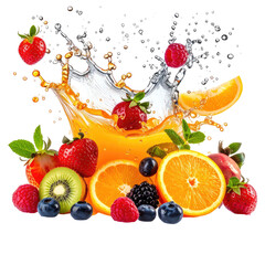 Fresh fruit blend splashing with orange juice on a black background