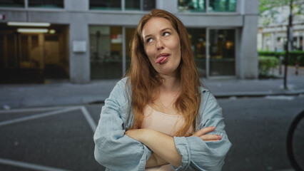 Fototapeta premium Young woman arms crossed gesture in front of modern office building on downtown street; playfulness mischief confidence defiance.