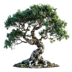 Gnarled tree, twisty roots, lush leaves. Isolated on black background