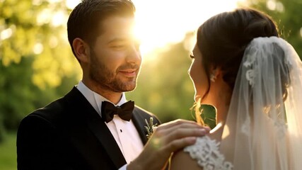 Groom tenderly gazes at his bride during their beautiful outdoor wedding ceremony