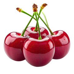 Glossy red cherries with green stems arranged together