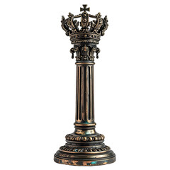 Bronze column statue topped with crown. Ornate regal art piece