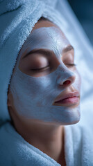Young woman relaxing with facial mask in spa setting  
