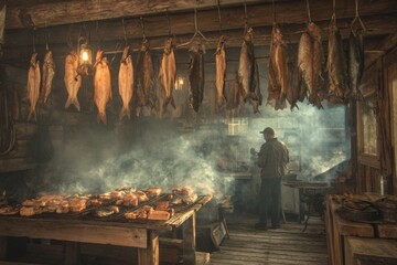 A man in a smokehouse preparing traditional smoked fish, hanging to cure with intense light, an age-old technique for preserving fresh catches, showcasing culinary heritage.